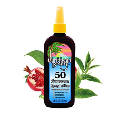 Caribbean Breeze Sunscreen Spray SPF 50 Lotion, Mango Scent Lime Fragrance Tanning Sunscreen Spray On Sunscreen with Green Tea Pomegranate Extracts, 8.5 oz (250 ml)