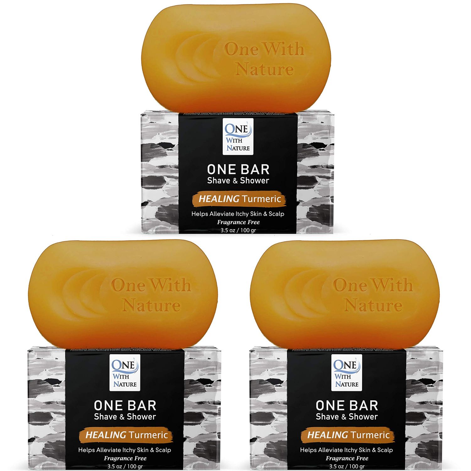 ONE Bar Healing Turmeric, Fragrance Free 3.5 oz 3 Pack - Shave, Shower, Shampoo, face, beard, body, hairscalp, SuperFAT oil Infused Avocado, Mango, Olive, Coconut, Argan, Nourishing Oil.
