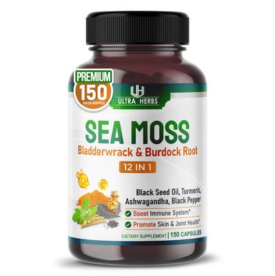 Organic Sea Moss Capsules with Black Seed Oil, Ashwagandha, Burdock Root, Bladderwrack for Immune System, Gut, Skin Energy USA Made Tested (150 Count (Pack of 1))