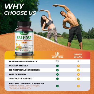 Organic Sea Moss Capsules with Black Seed Oil, Ashwagandha, Burdock Root, Bladderwrack for Immune System, Gut, Skin Energy USA Made Tested (150 Count (Pack of 1))