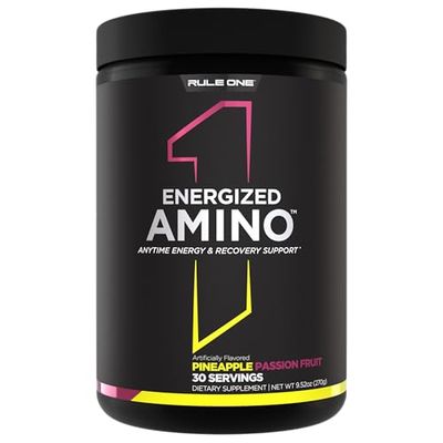 Rule 1 Energized Amino - Anytime Energy and Recovery Support with BCAAs, Glutamine, Citrulline, Beta Alanine, and Caffeine from Green Coffee Tea Leaf Extracts (30 Servings, Pineapple Passionfruit)