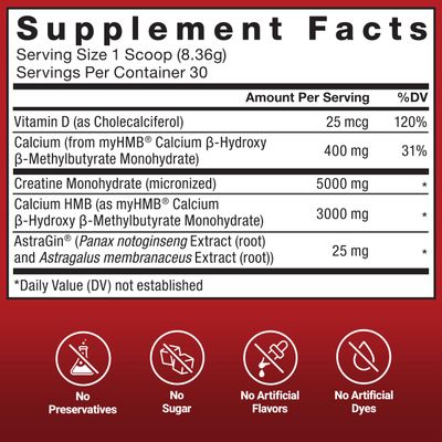 Force Factor Creatine HMB, 5g Creatine Monohydrate Powder, 3g myHMB, Support Muscle, Strength, Energy Recovery, with AstraGin for Enhanced Absorption, 30 Servings, Unflavored Powder
