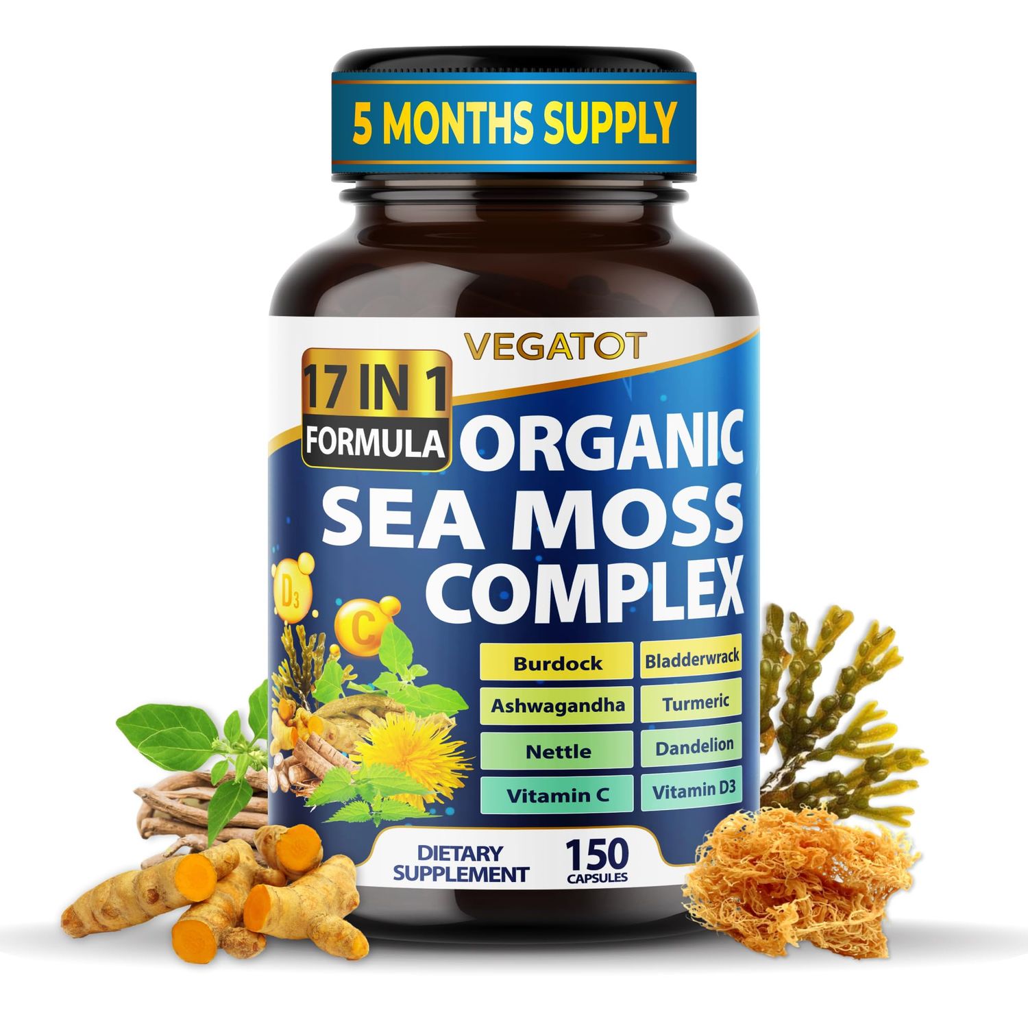 Organic Sea Moss with Bladderwrack, Burdock, Ashwagandha, and Turmeric - Immunity Booster for Healthy Aging, Skin Joint Support- Made in The USA (150 Count (Pack of 1))