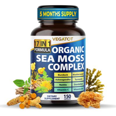 Organic Sea Moss with Bladderwrack, Burdock, Ashwagandha, and Turmeric - Immunity Booster for Healthy Aging, Skin Joint Support- Made in The USA (150 Count (Pack of 1))