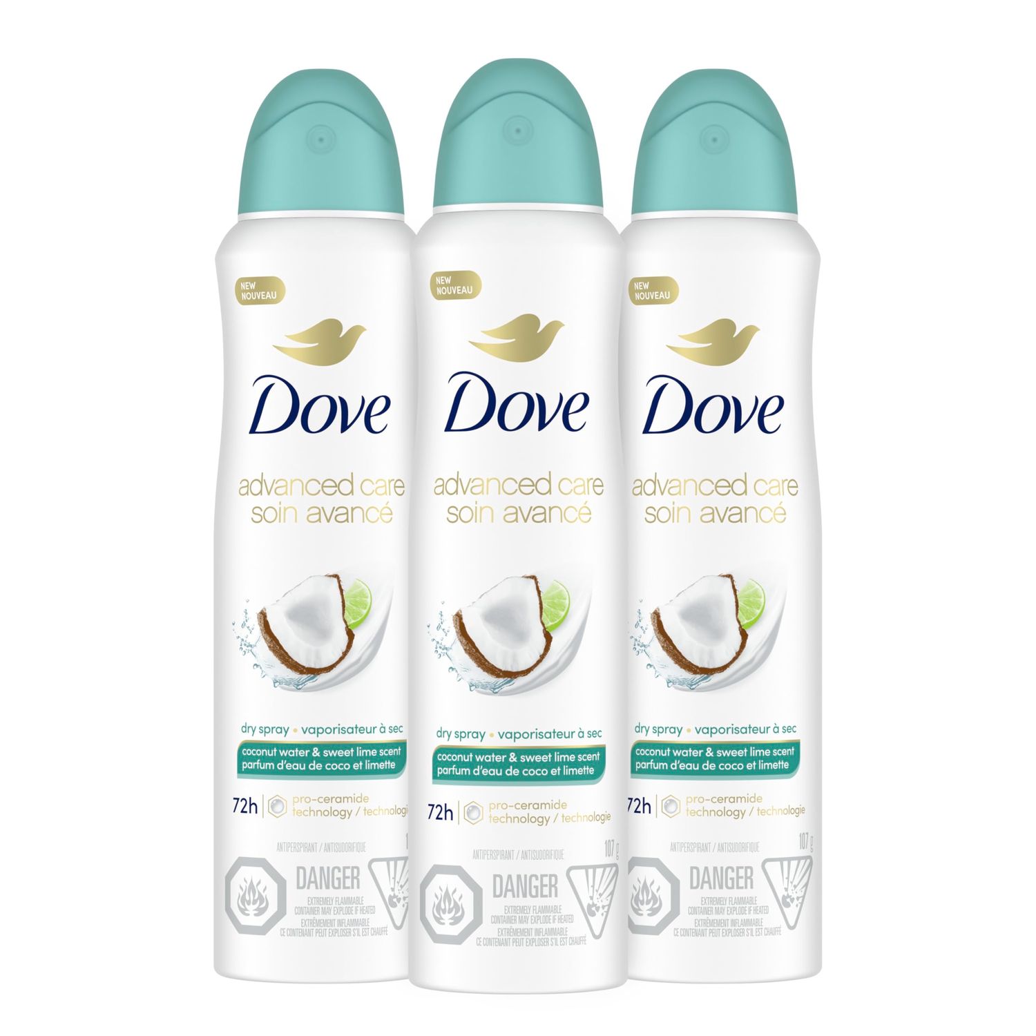 Dove Antiperspirant Deodorant Dry Spray Coconut Water Lime scent 3ct skin repair after shaving with odor control sweat protection Pro Ceramide Technology to boost ceramide levels in skin 3.8 oz