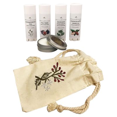Toxin Free Handmade Solid Perfume Travel Set 5 Different Scents Free Embroidered Cotton Bag (Gourmand Collection)