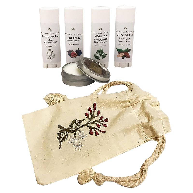 Toxin Free Handmade Solid Perfume Travel Set 5 Different Scents Free Embroidered Cotton Bag (Gourmand Collection)