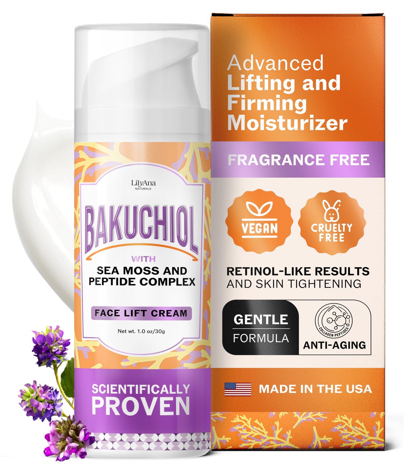 LilyAna Naturals Bakuchiol Face Lift Cream with Sea Moss and Peptide Complex - Face Cream for Women - Moisturizing and Lifting Facial Cream - Anti-Aging Overnight Moisturizer - Made in the USA - 1 oz