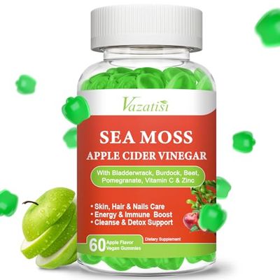 Vazatisi Sugar Free Apple Cider Vinegar Gummies, ACV with Sea Moss Gummies for Metabolism, Digestion, Detox, Gut Immune Health, Apple Flavored -60 Count