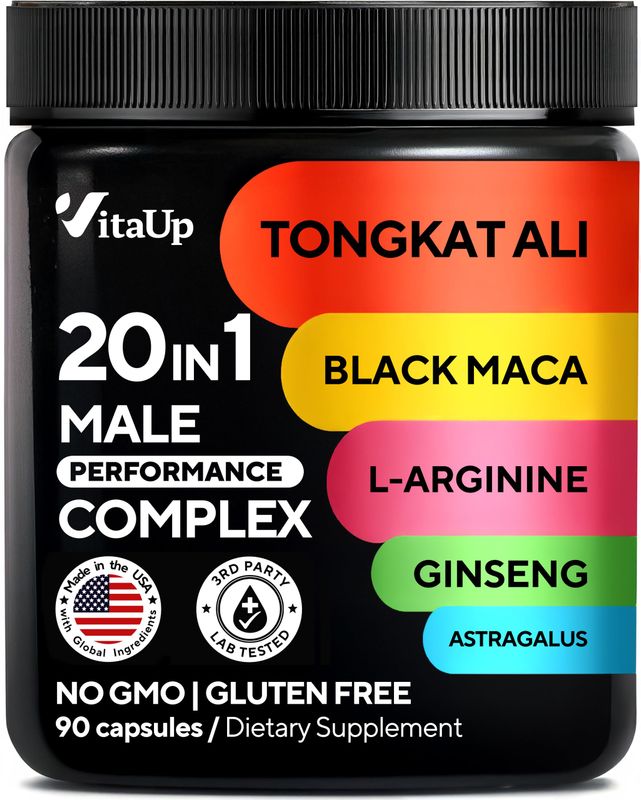 VitaUp Tongkat Ali for Men 20 in 1 with Astragalus - USA Made Mens Supplement Complex with Black Maca Root, L-Arginine, Ginseng, Calcium, Astragalus for Normal Strength Endurance Support - 90 Caps
