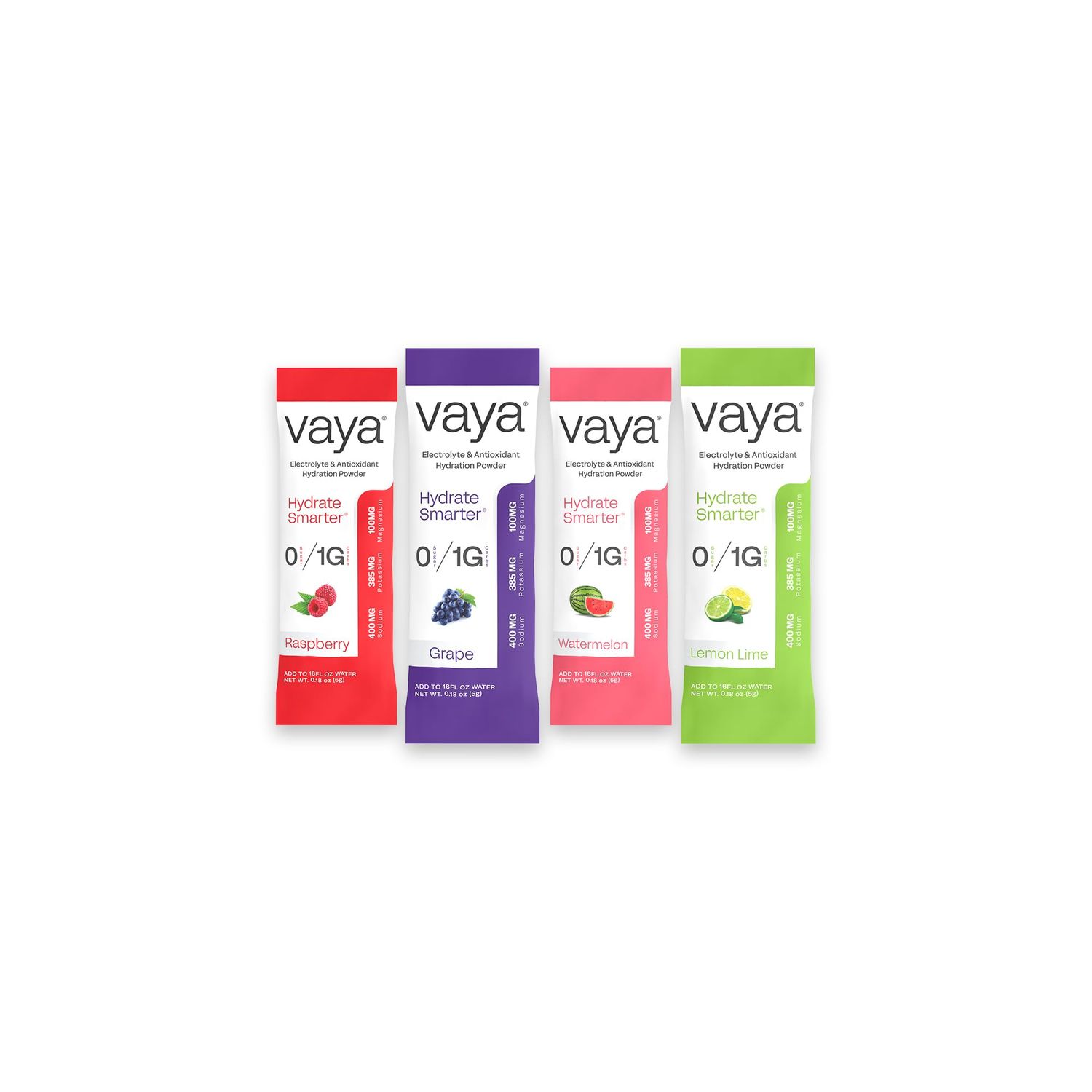 Vaya Sugar Free Premium Hydration Electrolyte Powder Variety Pack 24 Stick Packs 1G Carbs, 1,500MG Electrolytes, Vitamin C Antioxidants 4 Flavors Raspberry, Grape, Watermelon Lemon Lime