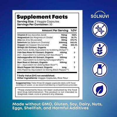 SOLNUVI Shilajit Pure Himalayan Organic Capsules with Irish Sea Moss, Ashwagandha, Copper, Beet Root - Fulvic Acid Trace Minerals Supplement for Men Women - 90 Count, Non-GMO, Gluten-Free