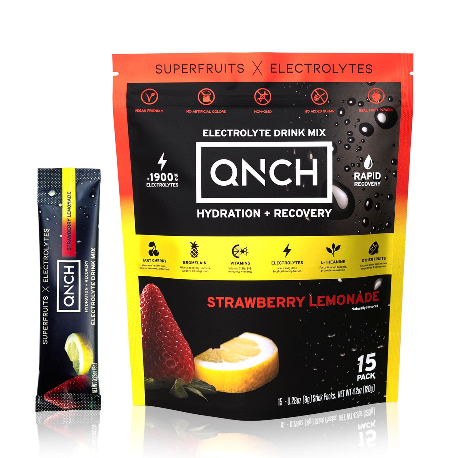 QNCH Superfruit HYDRATION RECOVERY - Strawberry Lemonade - Electrolyte Drink Mix Single Serve Hydration Powder Packets Non-GMO, Gluten Free, Vegan 15 Sticks