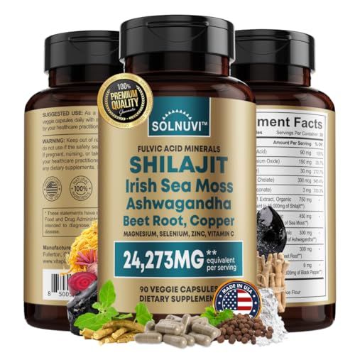 SOLNUVI Shilajit Pure Himalayan Organic Capsules with Irish Sea Moss, Ashwagandha, Copper, Beet Root - Fulvic Acid Trace Minerals Supplement for Men Women - 90 Count, Non-GMO, Gluten-Free