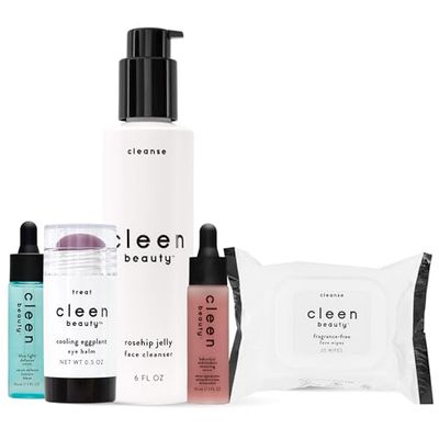 Cleen Beauty Everyday Essentials Skin Care Set Blue Light Defense Serum Cooling Eggplant Eye Balm Rosehip Jelly Face Cleanser Fragrance Free Face Wipes Bakuchiol Antioxidant Renewing Serum