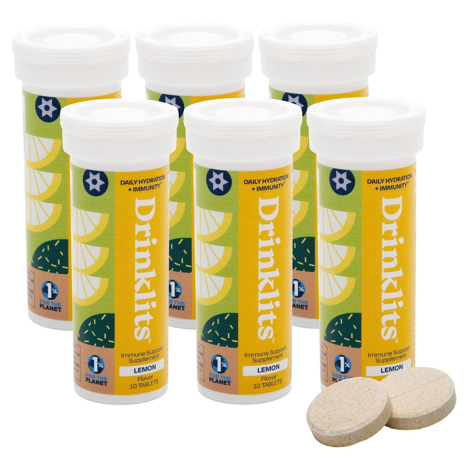 Drinklits Lemon Immune Support Tablets (6) Tube Bundle Daily Immunity - 0g Sugar - Vitamins - Electrolytes - Herbal Blend 60 Servings - 10 Tablets per Tube