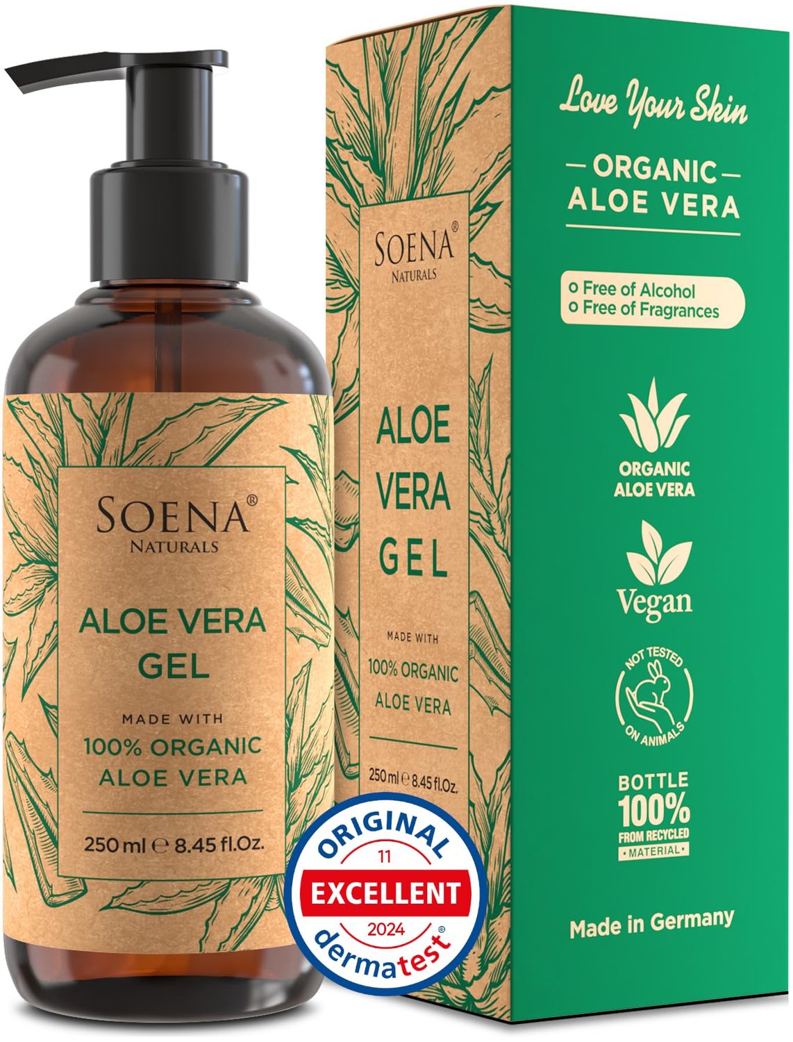 Aloe Vera Gel Organic - Vegan - FROM 100 ORGANIC LEAFES Natural Pure - Made in Germany - Certified Organic - Moisturizer - For Face, Skin, Hair, Sunburn relief Non-Sticky Fragrance Free