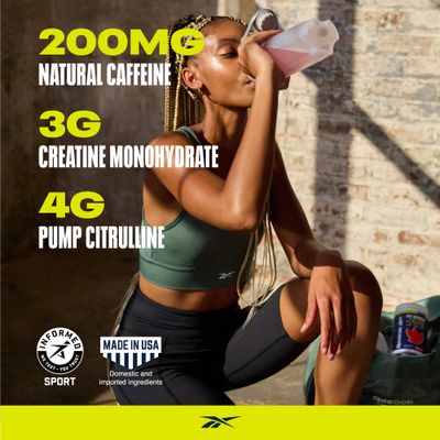 Reebok ReeEnergize Pre-Workout Creatine 200MG Caffeine, 3G Creatine, 4G Citrulline Energy, Focus, Strength Nitric Oxide Booster 25 Servings Watermelon Crush