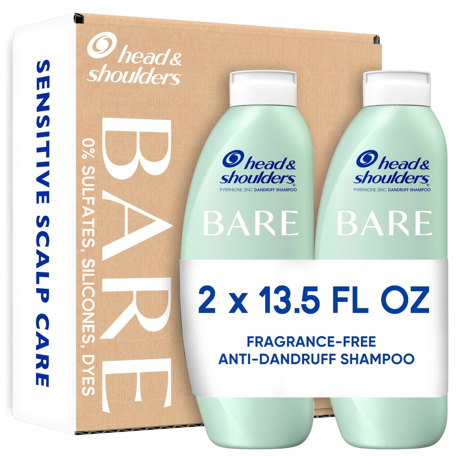 Head Shoulders BARE Dandruff Shampoo Twin Pack, Fragrance-Free, Sensitive Scalp Care, Sulfate-Free, Silicone-Free, Dye-Free, Eco-Friendly Bottles, Safe for All Hair Types, 13.5 Fl Oz Each (Set of 2)