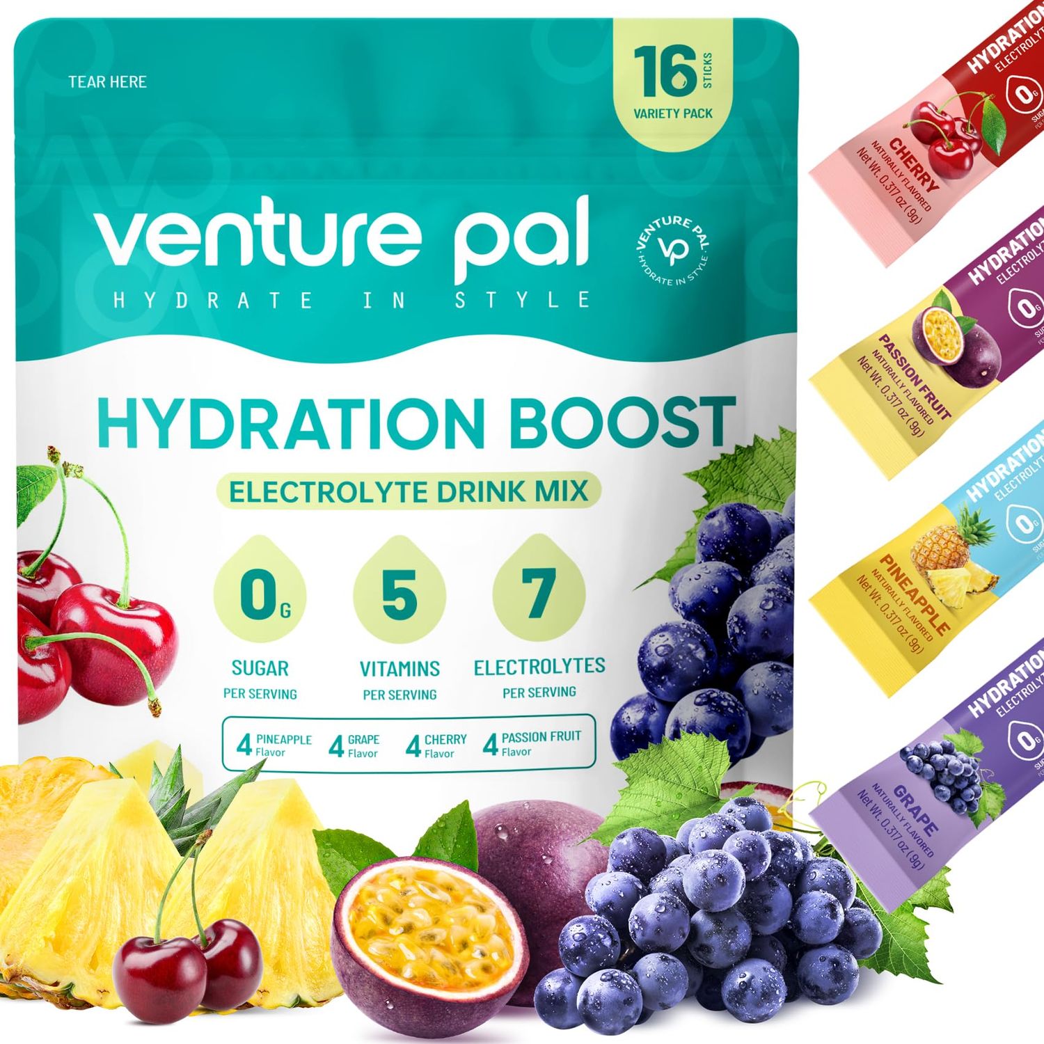 Venture Pal Sugar Free Electrolyte Powder Packets - Liquid Daily IV Drink Mix for Rapid Hydration Party Recovery 5 Vitamins 7 Electrolytes Keto Friendly Non-GMO Certified Vegan 16 Sticks