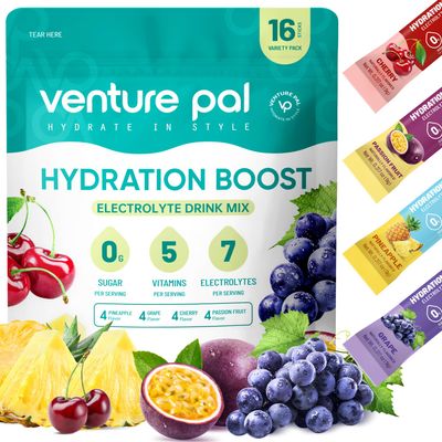 Venture Pal Sugar Free Electrolyte Powder Packets - Liquid Daily IV Drink Mix for Rapid Hydration Party Recovery 5 Vitamins 7 Electrolytes Keto Friendly Non-GMO Certified Vegan 16 Sticks