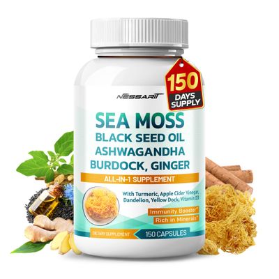Sea Moss Supplement - 16-in-1 Natural Blend with Black Seed Oil Ashwagandha Burdock Bladderwrack Ginger Dandelion - 150 Count - Made Tested in The USA