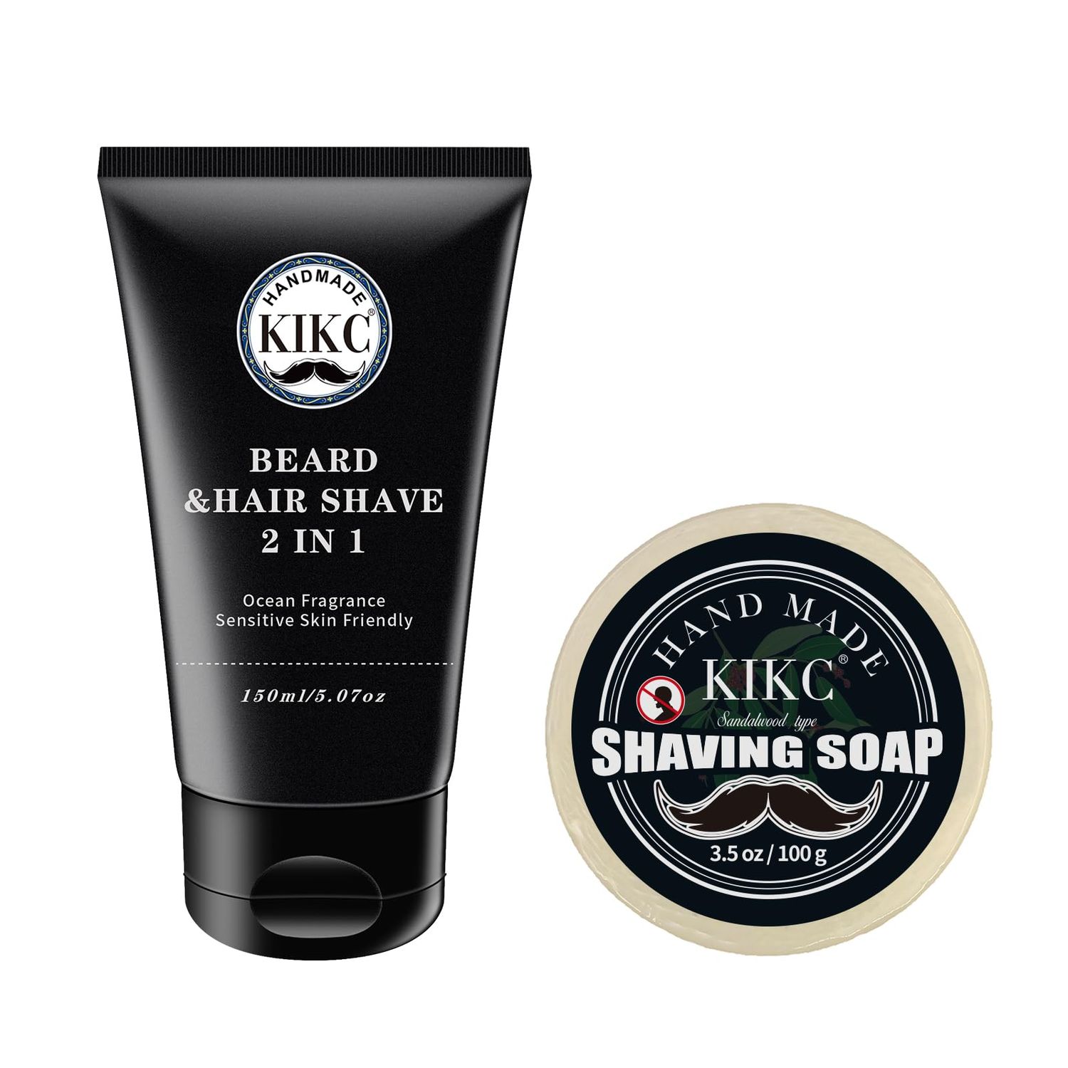 KIKC Shaving Soap and Shaving Cream Kit,Sandalwood Scent Shave Soap for Men,Shave Cream with Ocean Fragrance, a 3.5oz Soap, a 2 in 1 Shave Cream 150ml for Wet Shaving