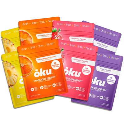 OKU Energy Chews Variety Pack of 8 - Natural Caffeine with Coconut Water, Allulose Fiber - Perfect for Runners, Travelers Anyone Needing a Boost, Non-GMO - Gluten Free - Vegan Snacks