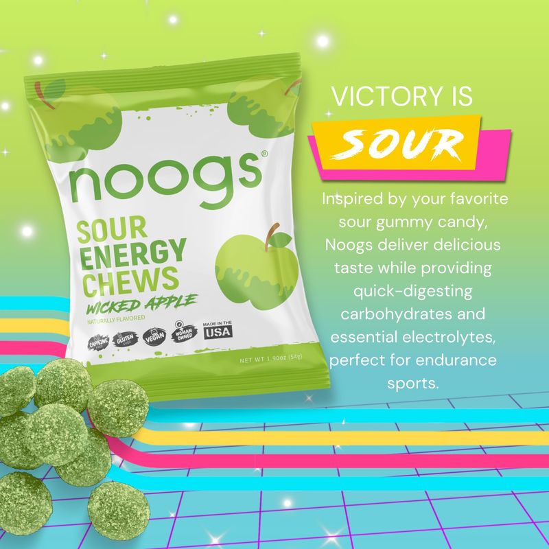 Noogs Sour Energy Chews, Wicked Apple, Electrolyte Energy Gummies, Sour Candy Flavored Alternative to Running Gels, Vegan, Gluten Free Caffeine Free, 12 Pack