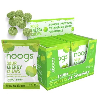 Noogs Sour Energy Chews, Wicked Apple, Electrolyte Energy Gummies, Sour Candy Flavored Alternative to Running Gels, Vegan, Gluten Free Caffeine Free, 12 Pack