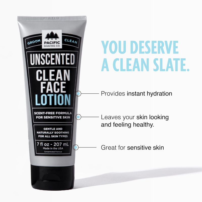 Pacific Shaving Company Clean Face Lotion - Hydrating Face Moisturizer with Avocado Jojoba Oil - Fragrance-Free Skin Care Products for Men - Lightweight Clean Face Lotion for Sensitive Skin (7 Oz)