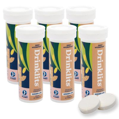 Drinklits Ginger Lime Electrolyte Fizzy Hydration Tablets (6) Tube Bundle 0g Sugar - Natural Sports Drink - Organic Ginger 60 Servings - 10 Tablets Per Tube