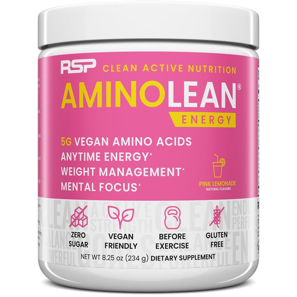 RSP NUTRITION AminoLean Pre Workout Powder, Amino Energy Weight Management with Vegan BCAA Amino Acids, Natural Caffeine, Preworkout Boost for Men Women, 30 Serv, Pink Lemonade