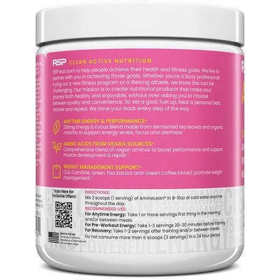 RSP NUTRITION AminoLean Pre Workout Powder, Amino Energy Weight Management with Vegan BCAA Amino Acids, Natural Caffeine, Preworkout Boost for Men Women, 30 Serv, Pink Lemonade