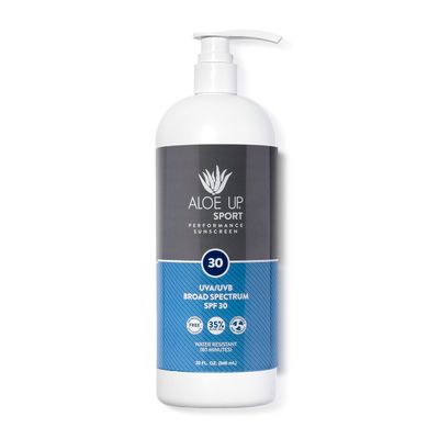 Aloe Up Sport Sunscreen Lotion SPF 30 - Broad Spectrum UVAUVB Sunscreen Protector for Face and Body With Hydrating Aloe Vera Gel Non-Greasy No White Cast Reef Safe Fragrance-Free - 32 Oz.