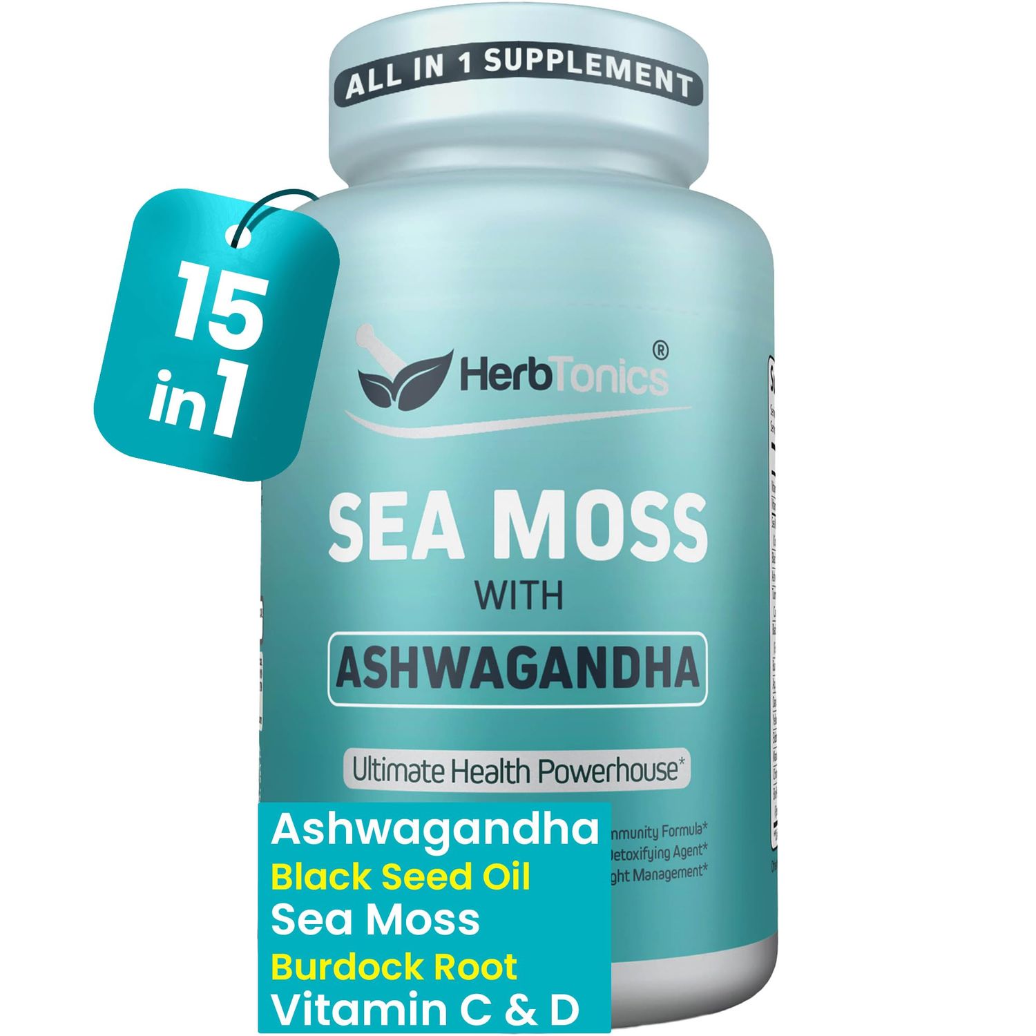 Herbtonics Sea Moss, Black Seed Oil, Ashwagandha, Burdock Root ACV Complex Boost Immunity, Reduce Stress, Support Digestion All-in-One SeaMoss Capsules 60 Capsules