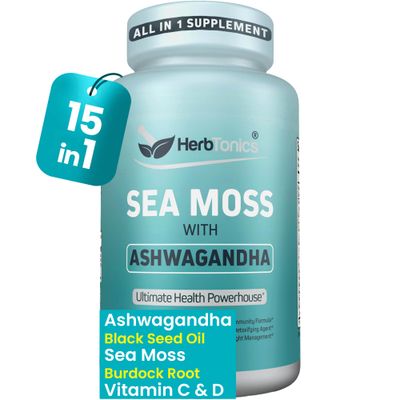 Herbtonics Sea Moss, Black Seed Oil, Ashwagandha, Burdock Root ACV Complex Boost Immunity, Reduce Stress, Support Digestion All-in-One SeaMoss Capsules 60 Capsules