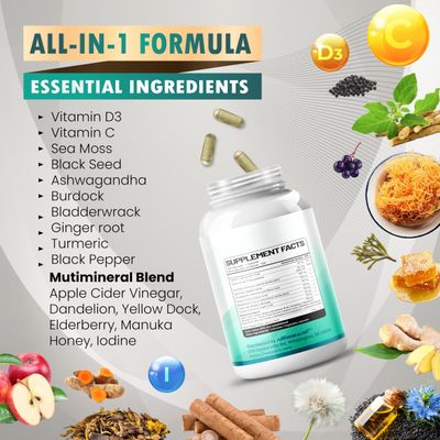 Sea Moss Supplement - 16-in-1 Natural Blend with Black Seed Oil Ashwagandha Burdock Bladderwrack Ginger Dandelion - 150 Count - Made Tested in The USA