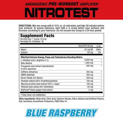 MuscleMeds Nitrotest Pre-Workout Supplement Drink, Boost Nitric Oxide, Testosterone, Blue Raspberry, 30 Serving, 1.04 Pound, 1 Count