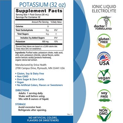 Eniva Health - Liquid Ionic Potassium Supplement for Electrolyte Replacement and Metabolic Support 600 MG Gluten-Free, Sugar-Free and Keto-Friendly Dietary Supplement (32oz) - 32 Servings