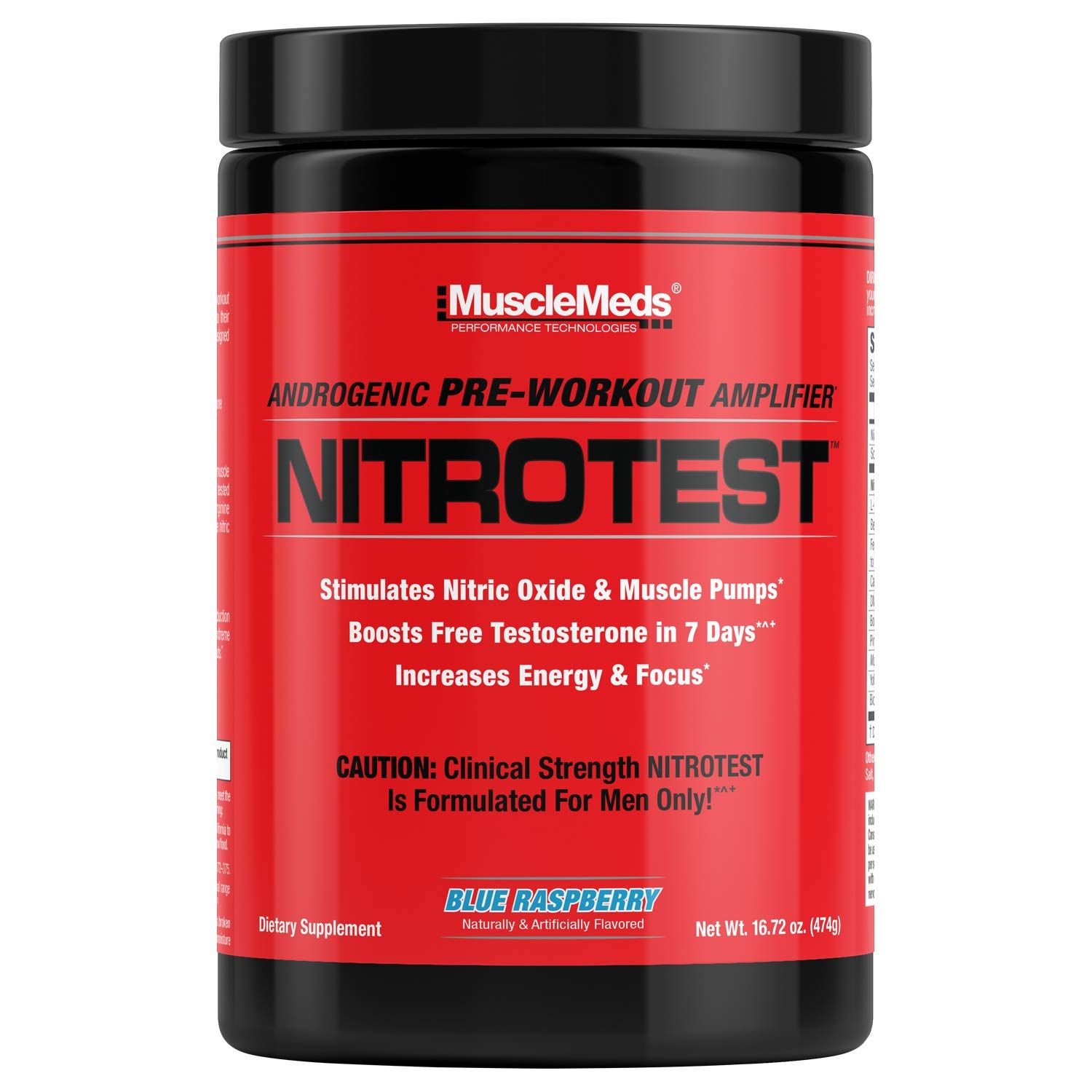 MuscleMeds Nitrotest Pre-Workout Supplement Drink, Boost Nitric Oxide, Testosterone, Blue Raspberry, 30 Serving, 1.04 Pound, 1 Count
