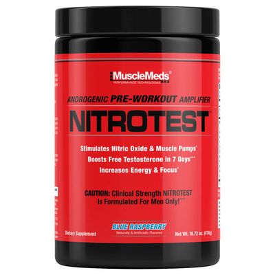 MuscleMeds Nitrotest Pre-Workout Supplement Drink, Boost Nitric Oxide, Testosterone, Blue Raspberry, 30 Serving, 1.04 Pound, 1 Count