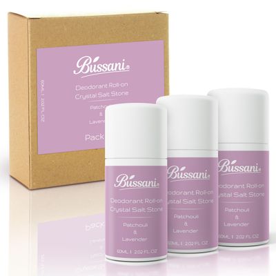 Bussani Women&#39;s Roll-On Deodorant Salt Stone Formula, Long-Lasting Aluminum-Free 24-Hour Odor Protection Fragrance Lavender Patchouli Scent, 2.02 fl oz, Pack of 3