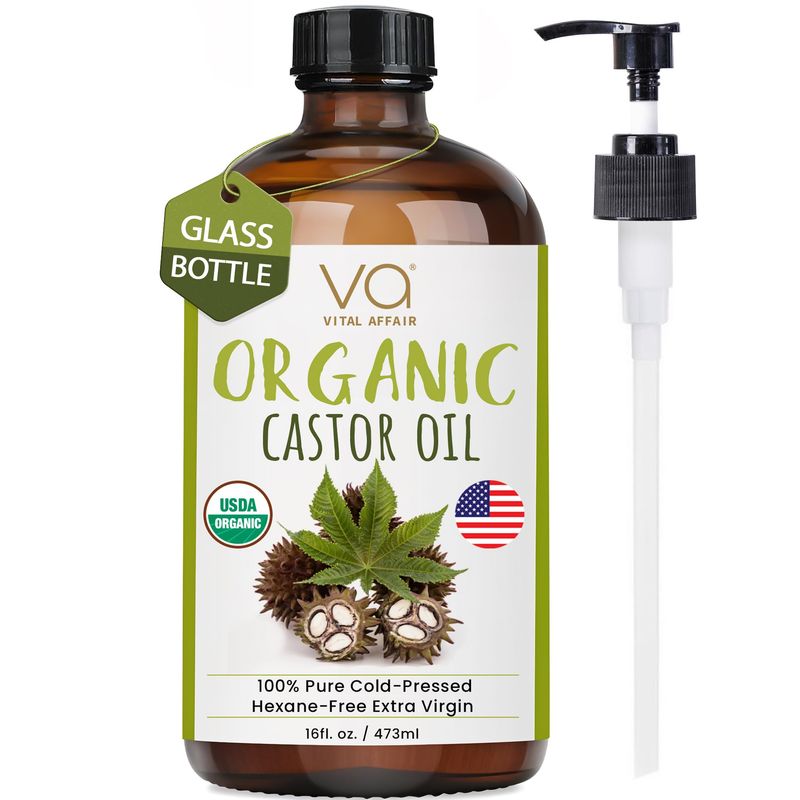 Pure Organic Cold Pressed Castor Oil - USDA Certified Unrefined Glass Bottle for Oil Pack Wrap, Face, Hair Growth, Eyelashes, Eyebrows - 16oz