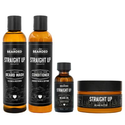 Live Bearded Complete Beard Grooming Kit - Wash, Conditioner, Butter and Oil - Made in the USA with All-Natural Ingredients - Mens Groom Set Straight Up Unscented - Fragrance-Free