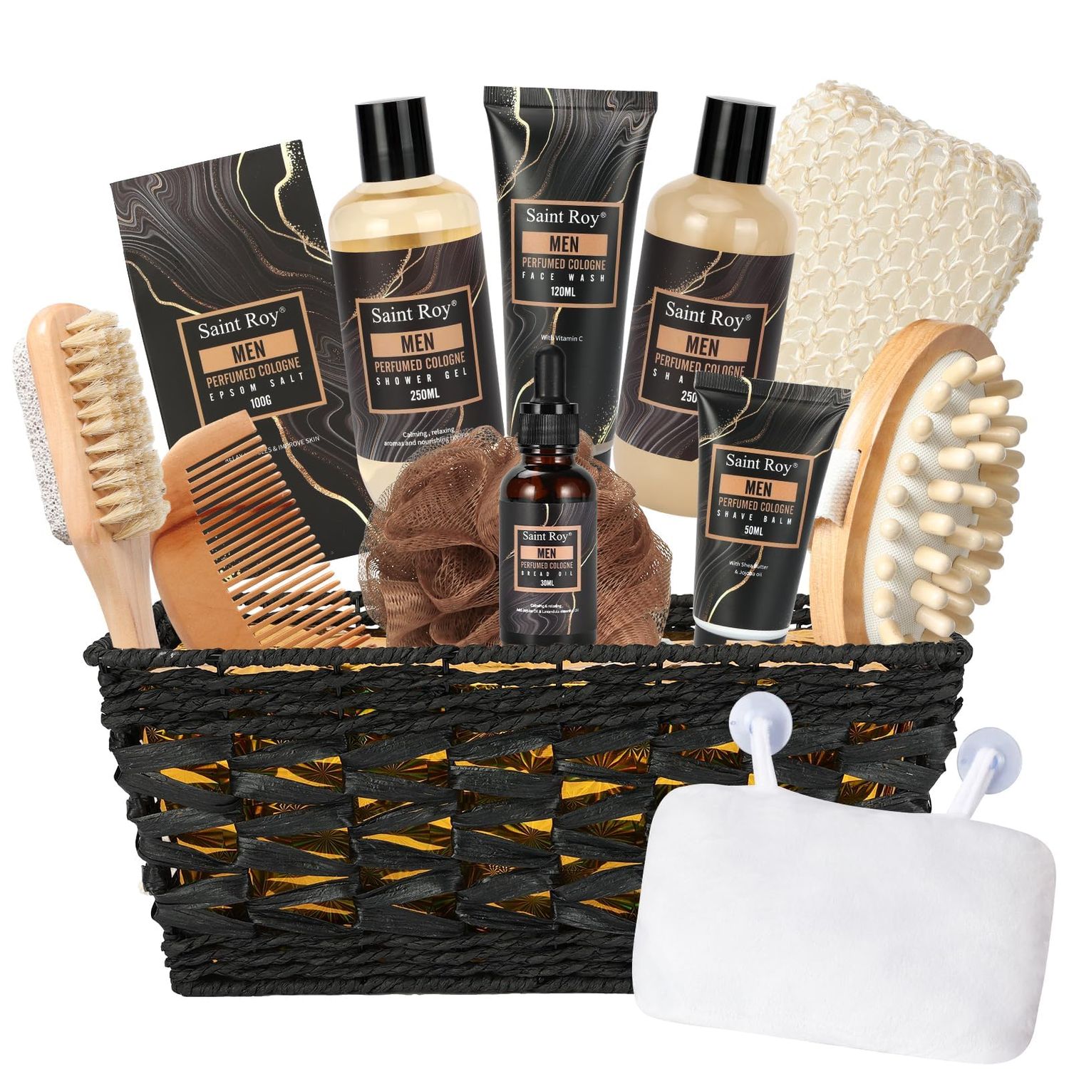 Valentines Day Gifts for Him Fathers Day Bath Perfume Gift Set for Men, 14 Pcs Spa Basket with Classic Perfume kit, Personal Self Care Shaving Kit Relax Included Scubber, Beard Oil, Bath Pillow More