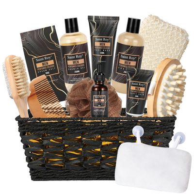 Valentines Day Gifts for Him Fathers Day Bath Perfume Gift Set for Men, 14 Pcs Spa Basket with Classic Perfume kit, Personal Self Care Shaving Kit Relax Included Scubber, Beard Oil, Bath Pillow More