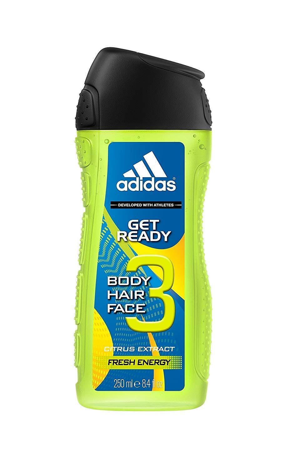 adidas Get Ready Shower Gel 3-in-1, Sparkling fresh citrus fragrance for body, hair face, pH-friendly, 250 ml