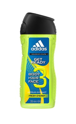 adidas Get Ready Shower Gel 3-in-1, Sparkling fresh citrus fragrance for body, hair face, pH-friendly, 250 ml