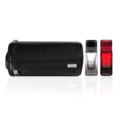 TUMI Dopp Kit Gift Set - Includes AWAKEN 0800 GMT, KINETIC -- GMT Travel Toiletry Bag - .5 oz Eau de Parfum (Pack of 2)